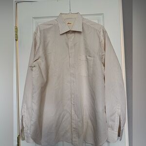 Brioni men’s dress shirt size 43/17 cream tan stripe Italian luxury button down